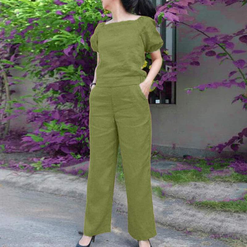 Summer Urban Tracksuit Matching Sets ZANZEA Short Sleeve Blouse Pants Sets Solid OL Work Trousers Suit 2PCS Women Outfit