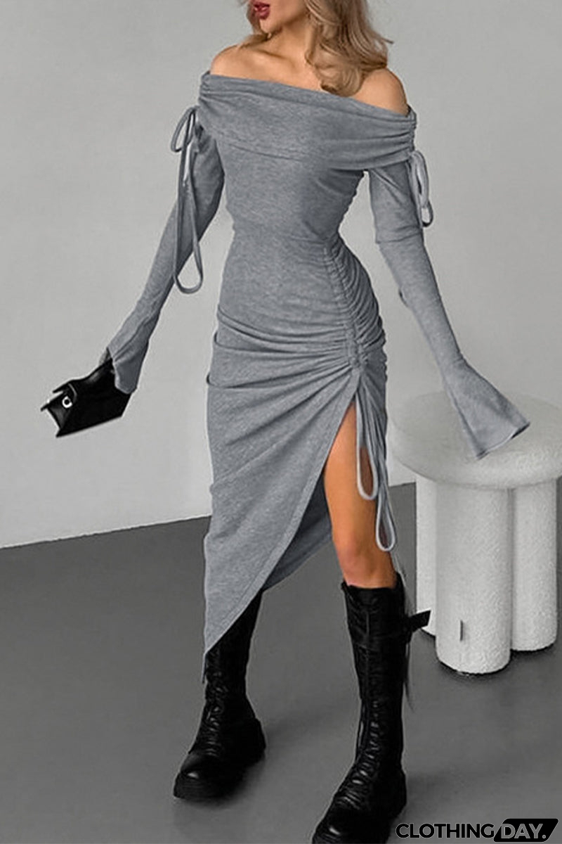 Sexy Solid Color Draw String Off Shoulder Wrapped Skirt Dresses