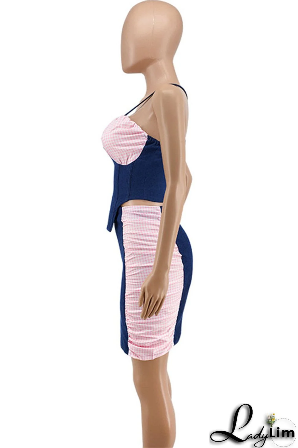 Black Fashion Sexy Plaid Patchwork Backless Asymmetrical Spaghetti Strap Sleeveless Two Pieces