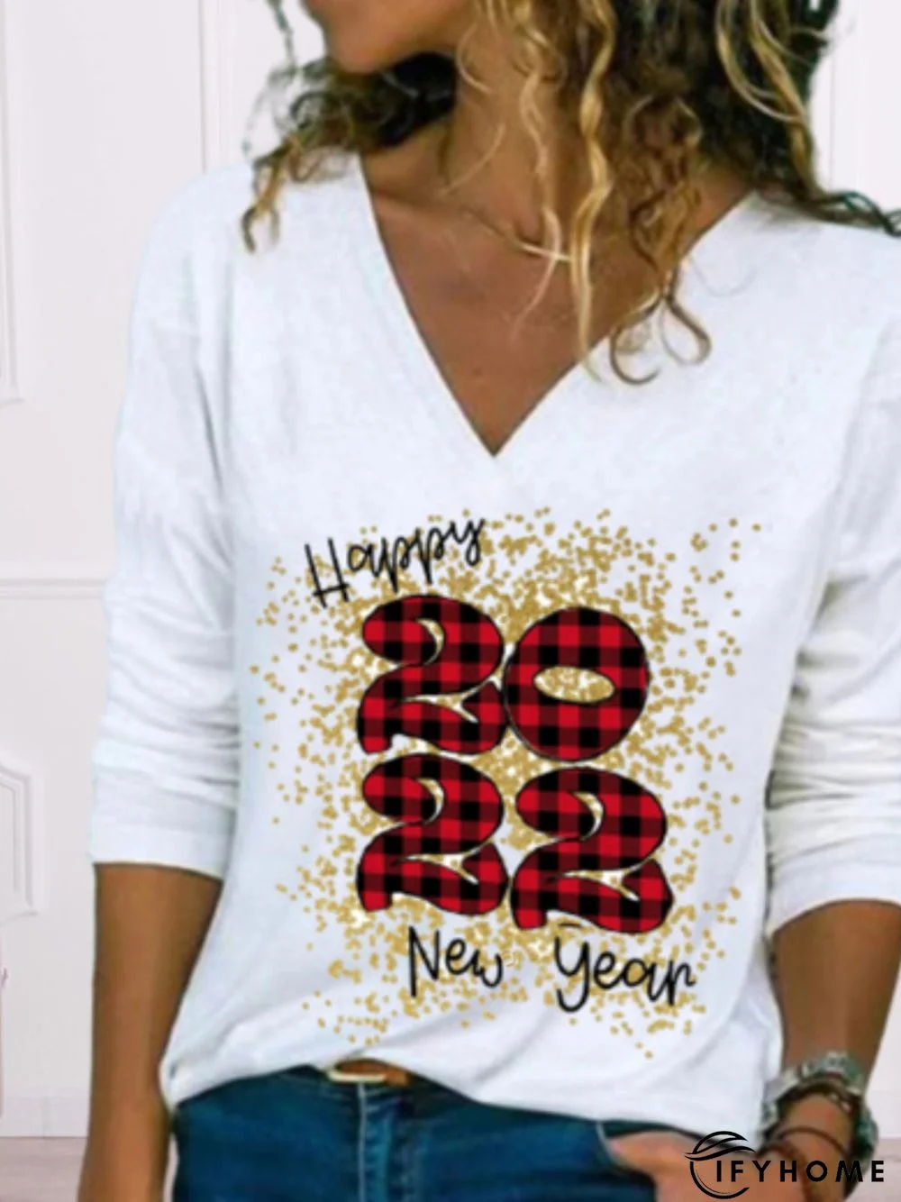 Happy New Year Long Sleeve V Neck Printed Top Tunic T-Shirt | IFYHOME