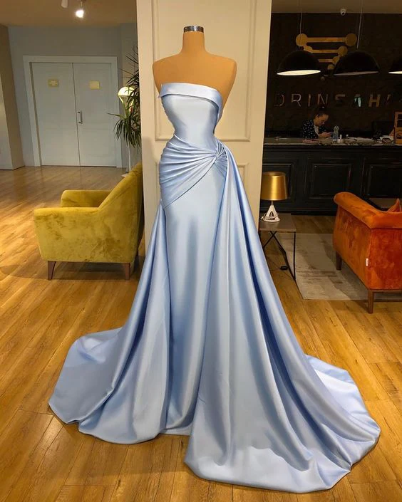 Elegant Strapless Baby Blue Mermaid Evening Dress Long with Ruffle PD0616