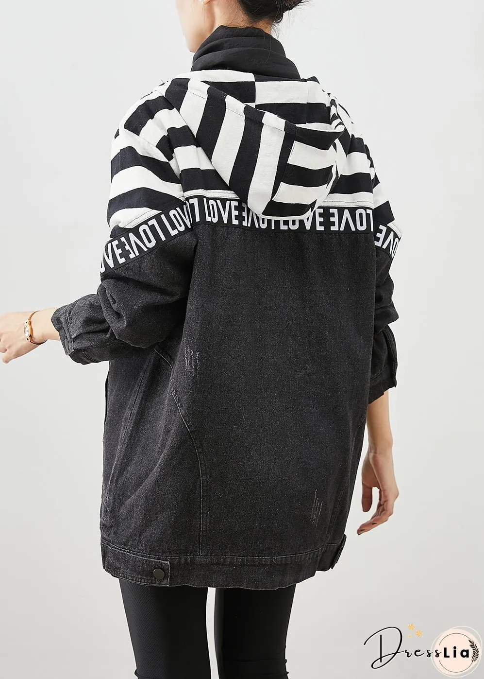 Plus Size Black Hooded Patchwork Striped Fine Cotton Filled Denim Jacket Witner