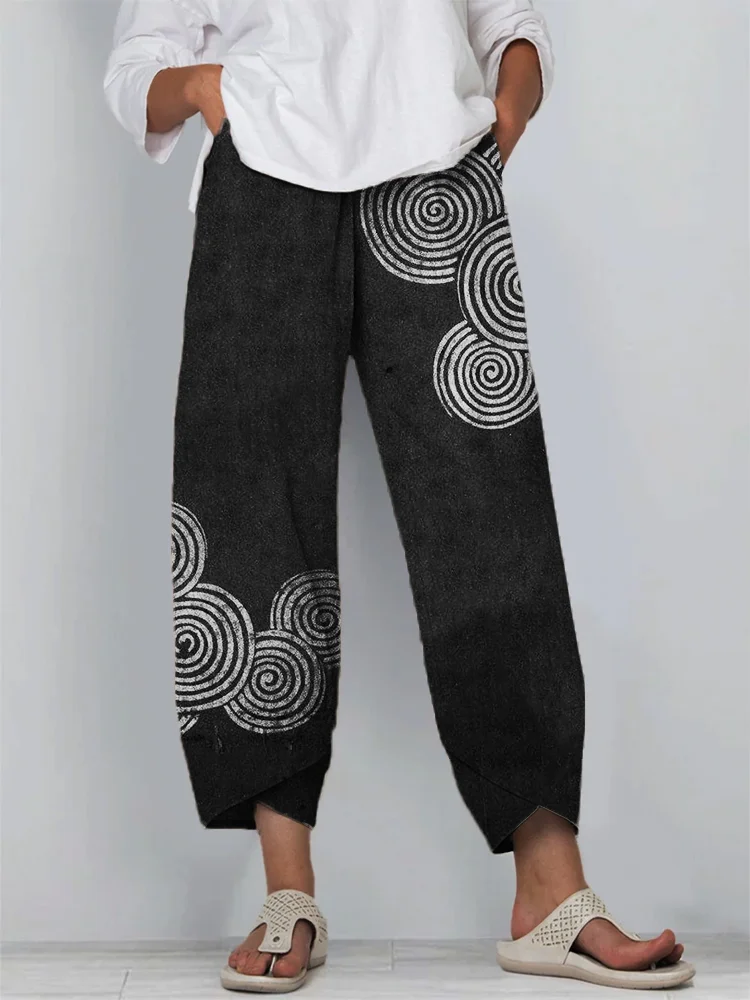 Comstylish Sea Waves Ripples Japanese Lino Art Linen Blend Cropped Pants