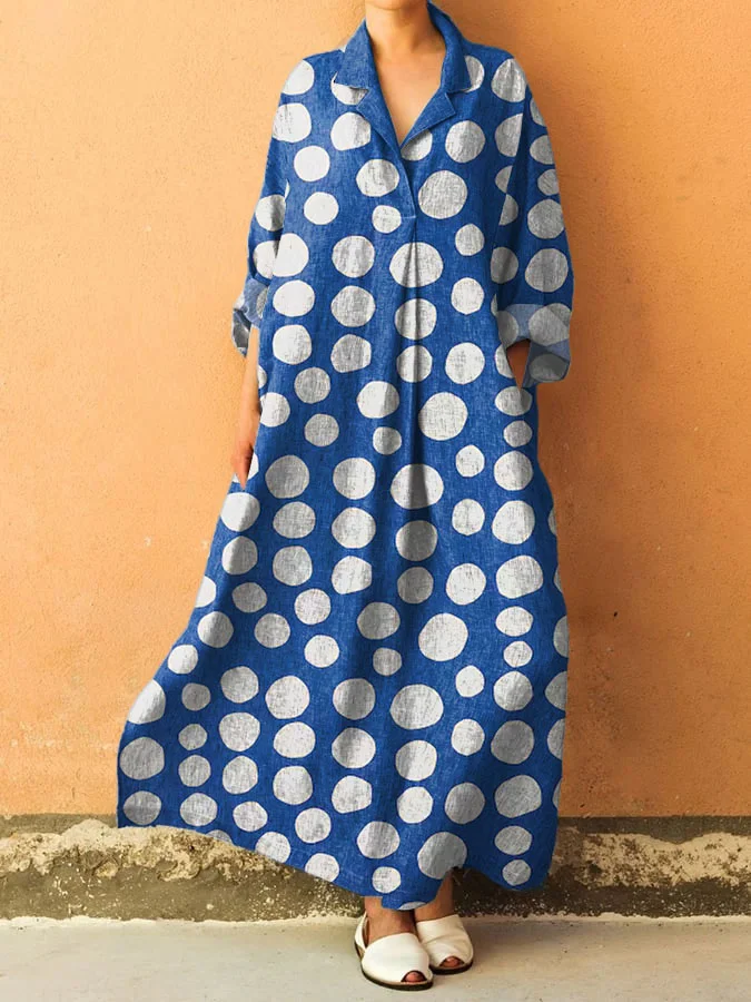 Women's Vintage Polka Dot Art Print V-Neck Pocket Cotton Dress