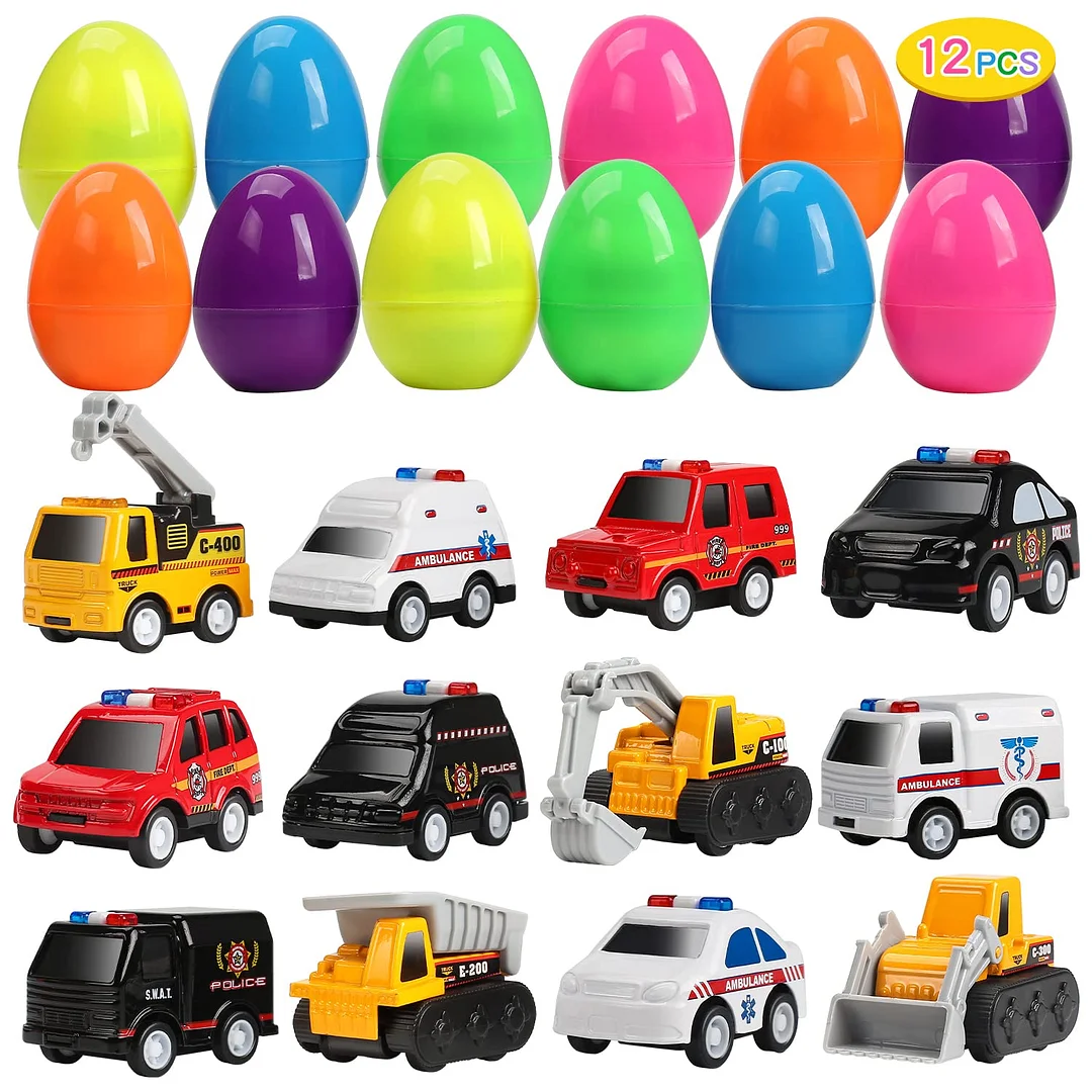 12 Pack Filled Easter Eggs with Alloy Pull Back Cars