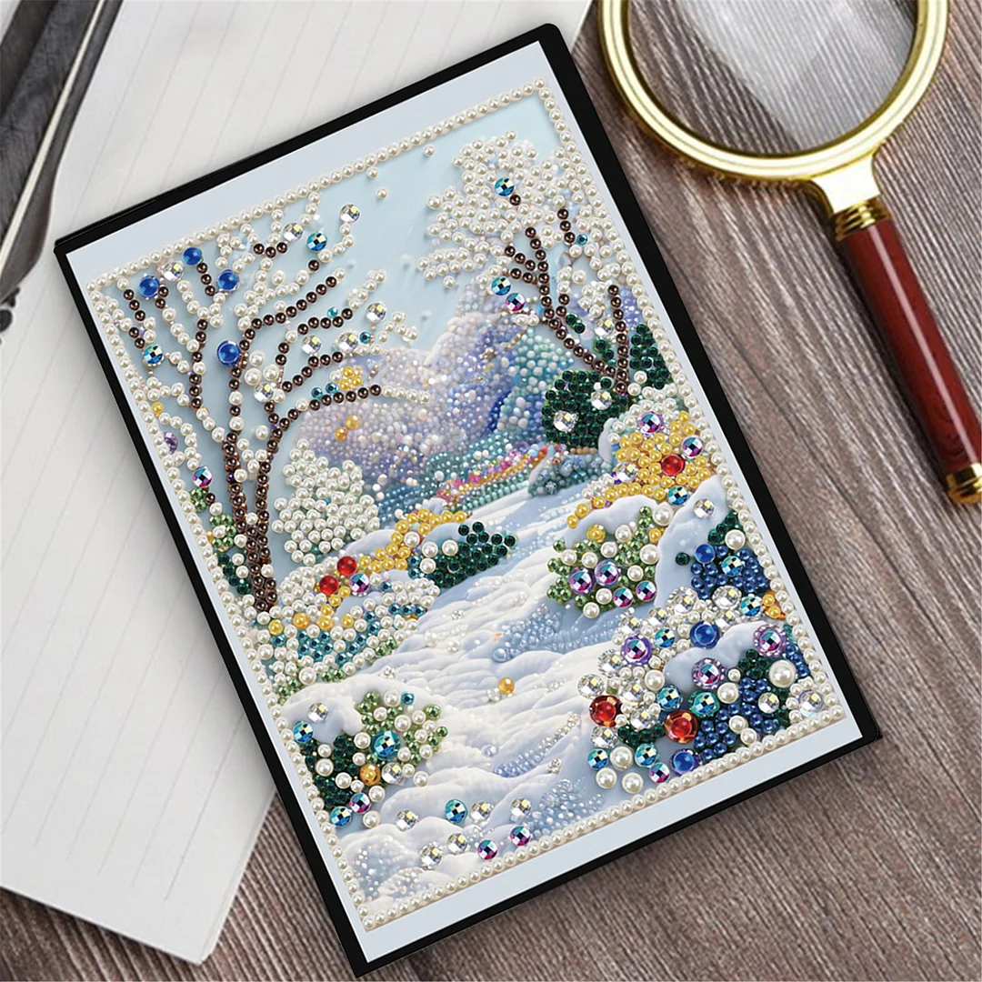 Winter Forest Partial Pearl DIY 50 Pages A5 Diamond Painting Notebook Special Shaped Diamond Art Diary Book Kits Wireless Strip 5D Crystal Art Paintings Sketchbook for Art Drawing