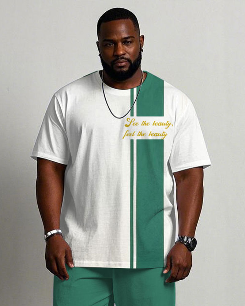 Men's Plus Size White & Blue Colorblock Printed Chest Short-sleeved T-shirt Trousers Suit