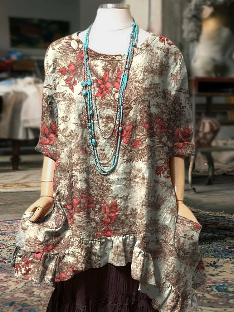 Women's Retro Christmas  Print Pocket Cotton Dress