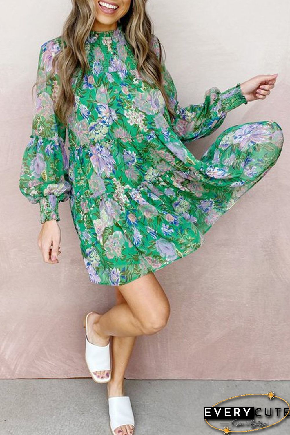 Floral Print Lantern Sleeve Dress