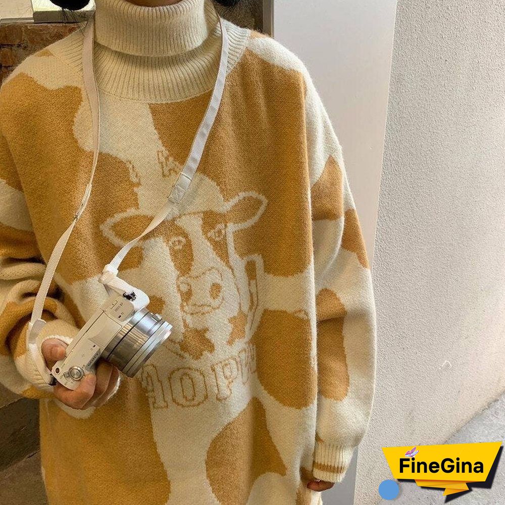 Korean Style Cow Print Knitted Sweater Women Preppy Fashion Cute O-Neck Long Sleeve Oversize Jumper Pullover Female