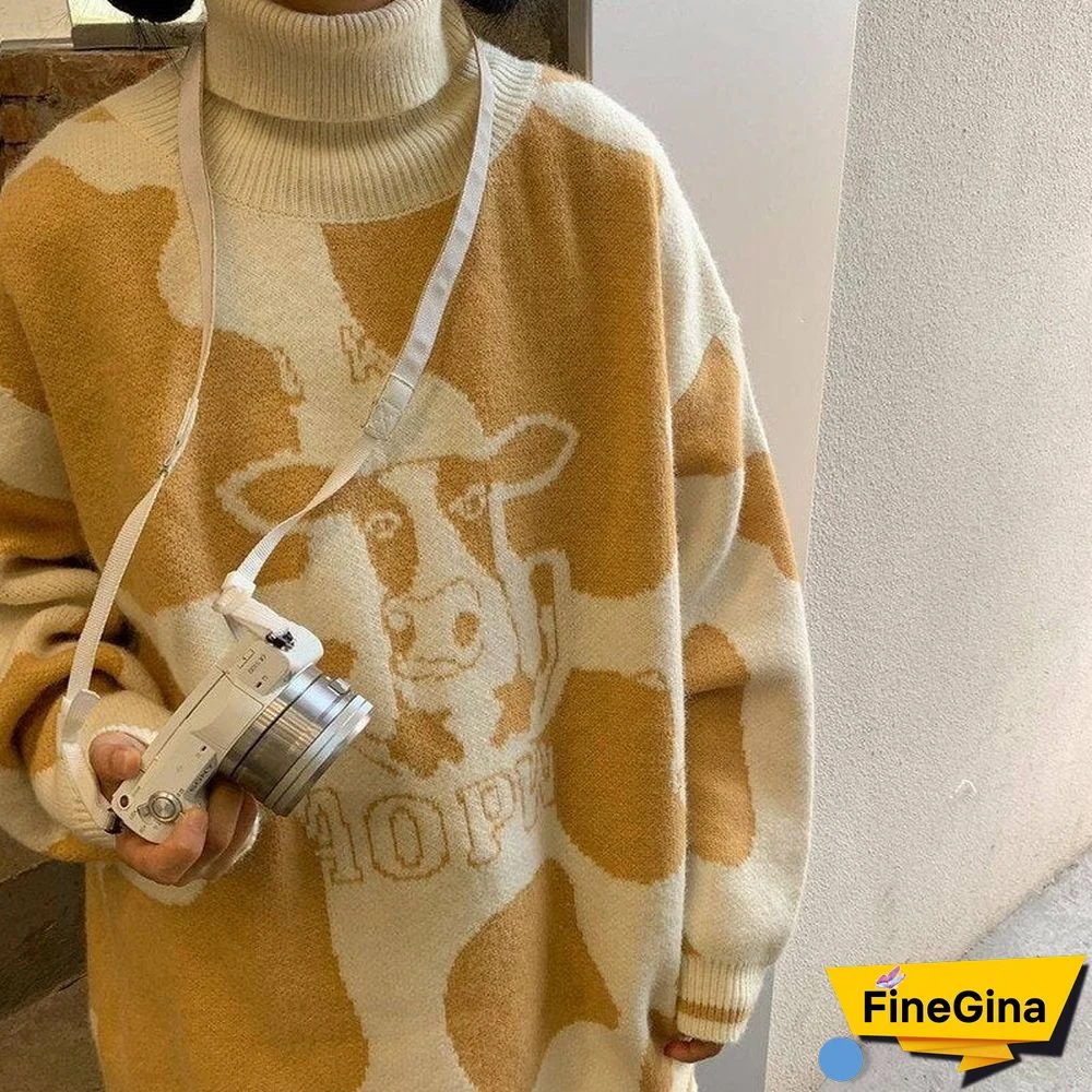 Korean Style Cow Print Knitted Sweater Women Preppy Fashion Cute O-Neck Long Sleeve Oversize Jumper Pullover Female