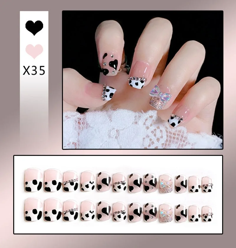 24Pcs/Set French Rhombus Designs False Nail Full Cover Fake Nails with Glue Detachable Wearable DIY Manicure Nail Art Tools-Nail Inspo