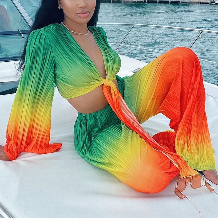 Casual Printed Sexy Crop Top and Wide Leg Pants