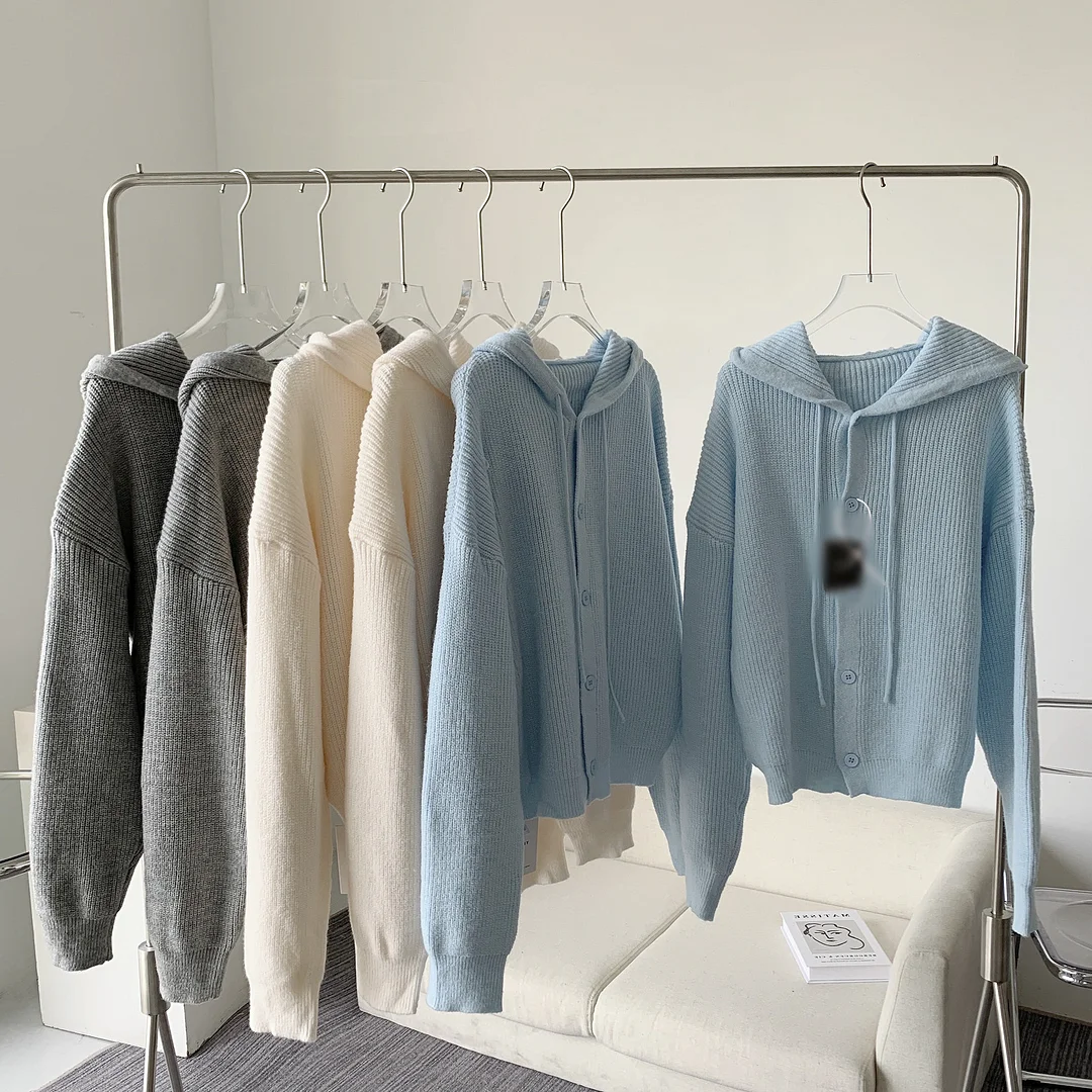 Uveng Uveng And Winter Long Sleeve Hooded Knitted Knitted Women's Solid Color Design Wearing Milk Sweater Cardigan Jacket Solid Color