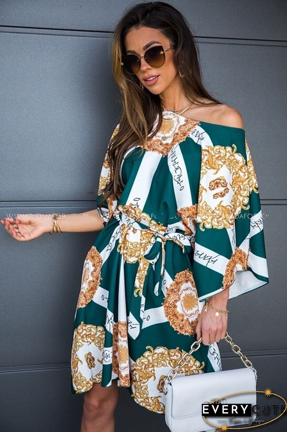 Off Shoulder Wide Sleeve Oversized Blouse Midi Dress