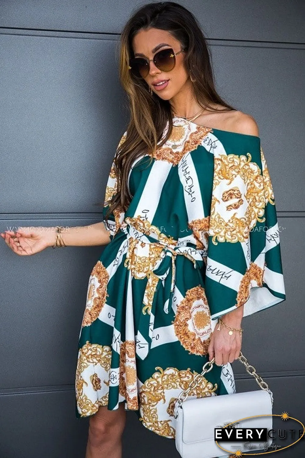 Off Shoulder Wide Sleeve Oversized Blouse Midi Dress