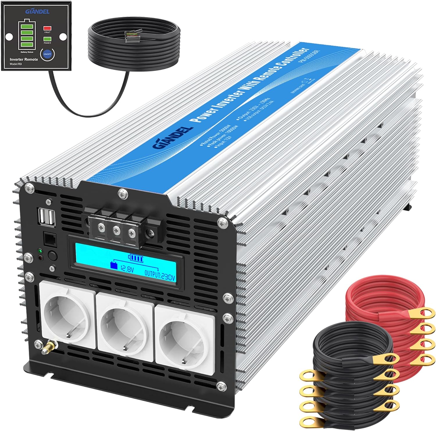 【Gilt für Deutschland 】Gebrauchte Produkte 5000W Modifizierter Sinus Wechselrichter 12V auf 240V Spannungswandler Power Inverter mit Bildschirm LCD 3 AC-Steckdosen Dual USB-Anschlüsse und Fernbedienung für LKW-Wohnmobile
