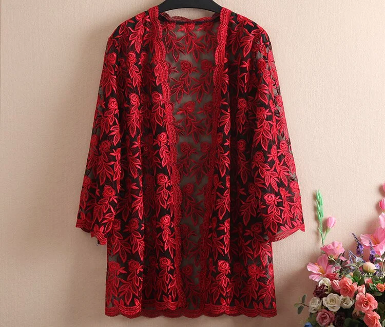 Summer Lace Cardigan Embroidery Women Casual Vintage Jackets Mujer Coat Jaqueta Feminino Casaco De La Big Plus Size 2XL~4XL W184