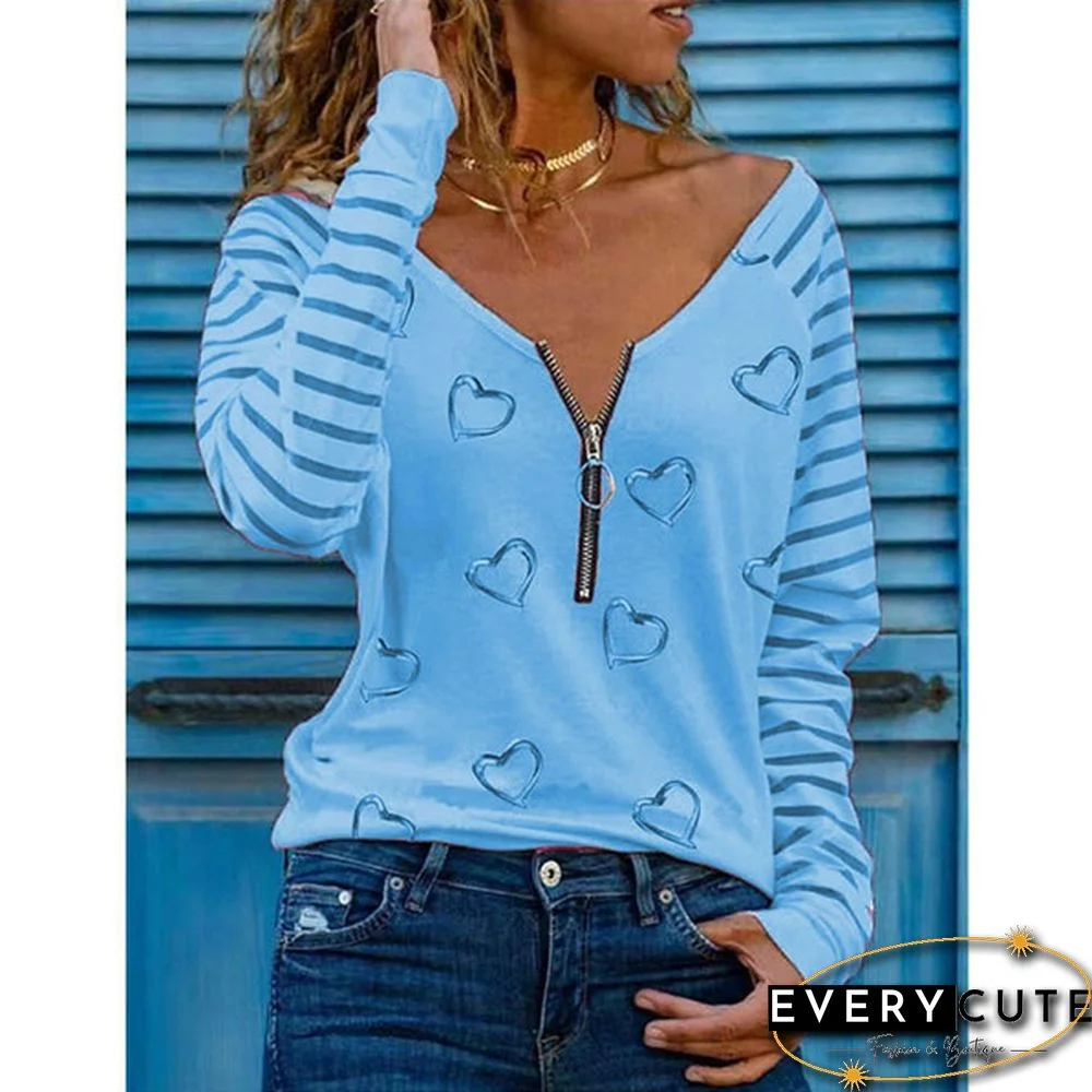 XS-8XL Plus Size Fashion Clothes Women's Casual Long Sleeve Tee Shirts V-neck Zipper Blouses Ladies Autumn and Winter Tops Striped Tops Heart Shape Printed Cotton Pullover Sweatshirts Loose T-shirts