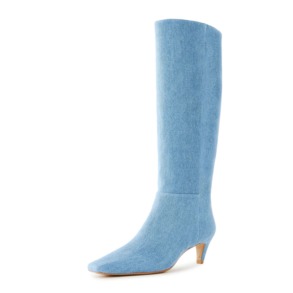 Blue Denim Square Toe Knee High Boots for Women with Kitten Heel Nicepairs