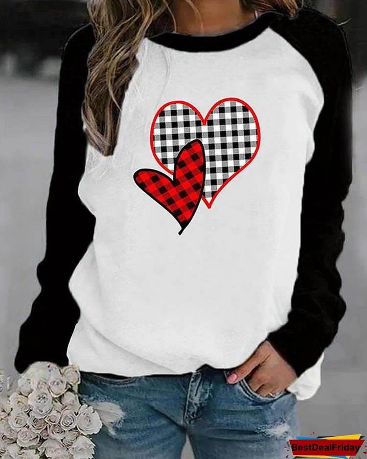 Heart Shaped Plaid Print Long Sleeves Color Block T-shirt