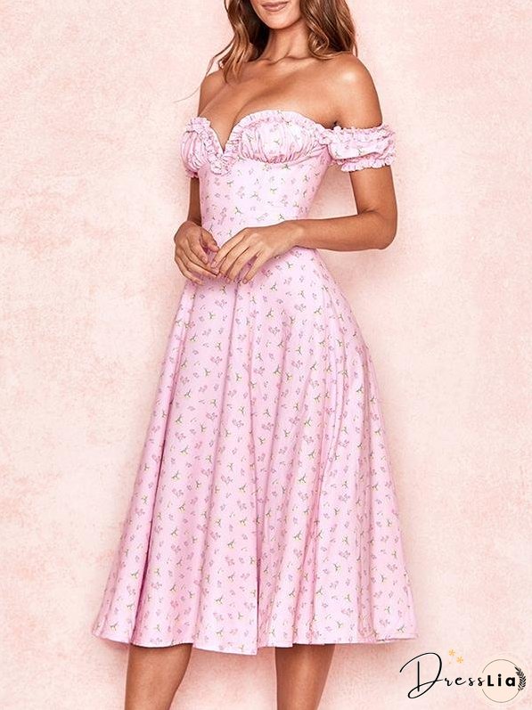 Card Shoulder Printed High Split Midi Dress