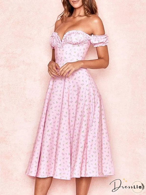 Card Shoulder Printed High Split Midi Dress