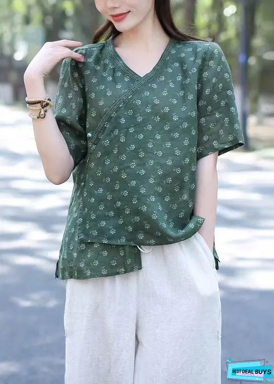 Women Green V Neck Print Patchwork Linen Blouses Summer