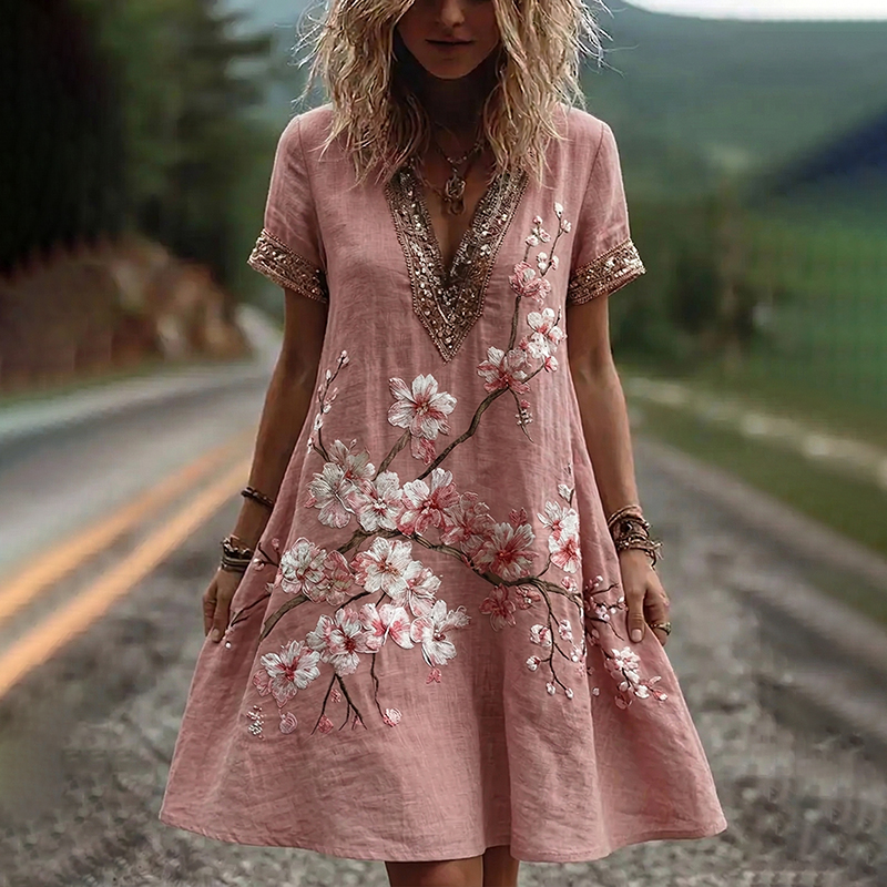 Women's Retro Cherry Blossom Floral Art Short Sleeve Mini Dress elevenforest