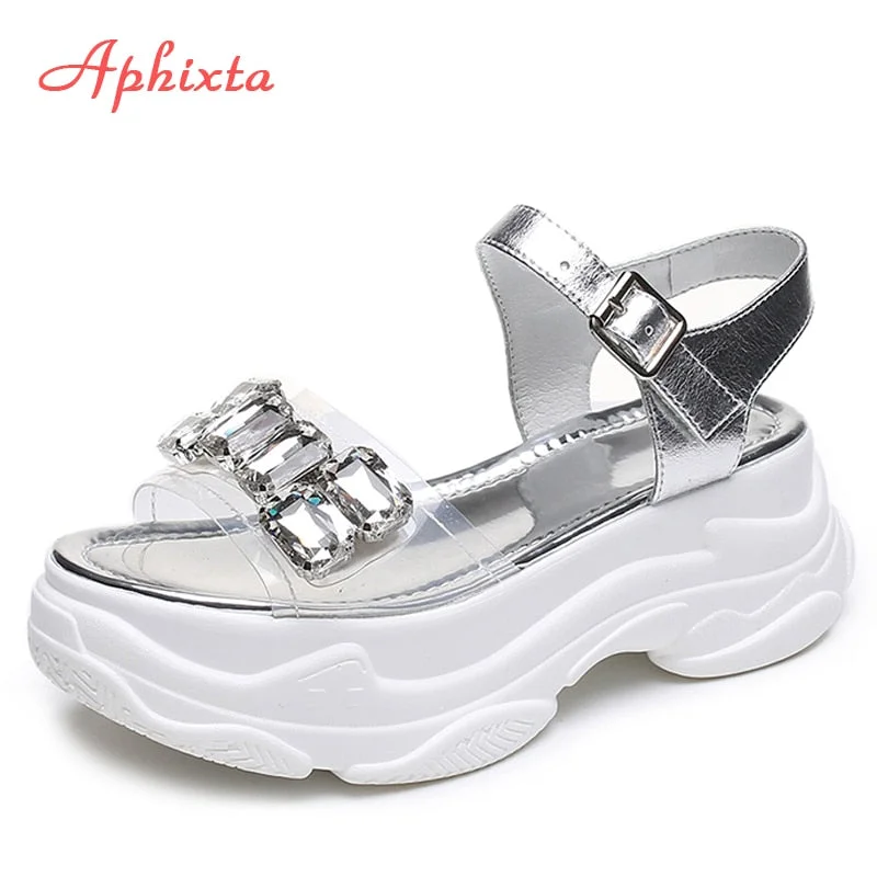 Aphixta Platform Jewelry Wedge Heel Transparent Rhinestones Sandals Summer Women Diamond Shoes Women Buckle Crystal Sandal Woman