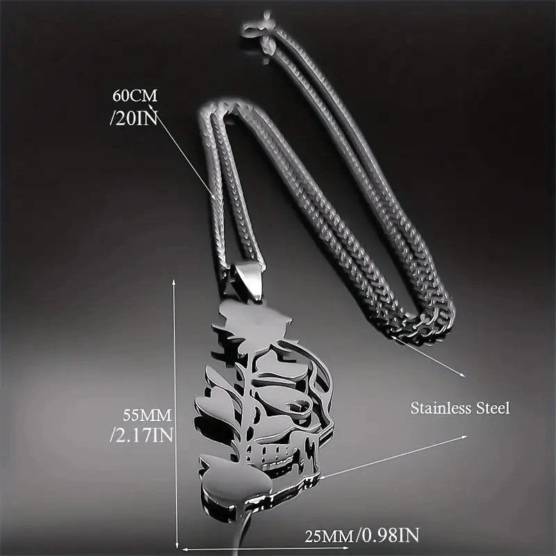 Vintage Style Punk Rose Skull 304 Stainless Steel Vacuum Vapor Plating Black Halloween Unisex Pendant Necklace3