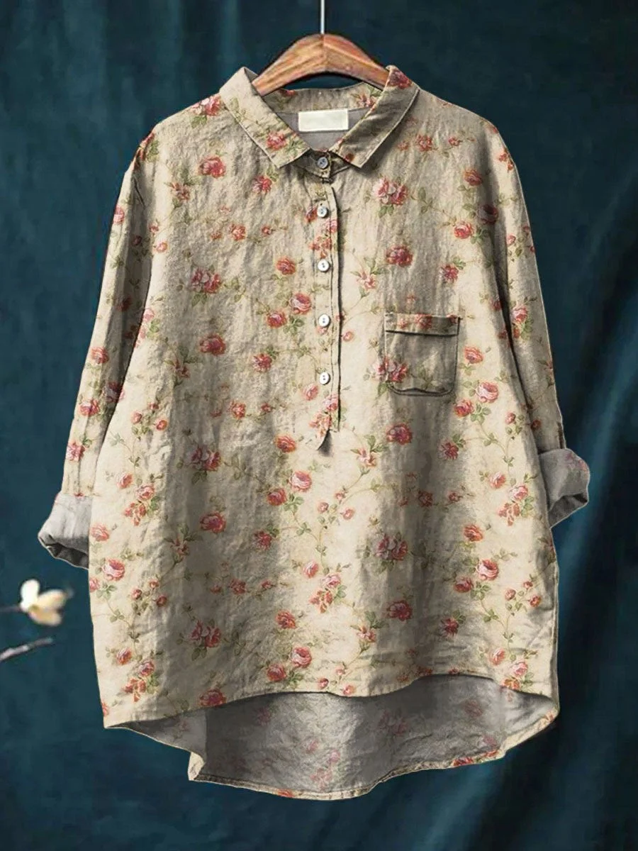 Women's Vintage Floral Art Print Casual Cotton And Linen Shirt