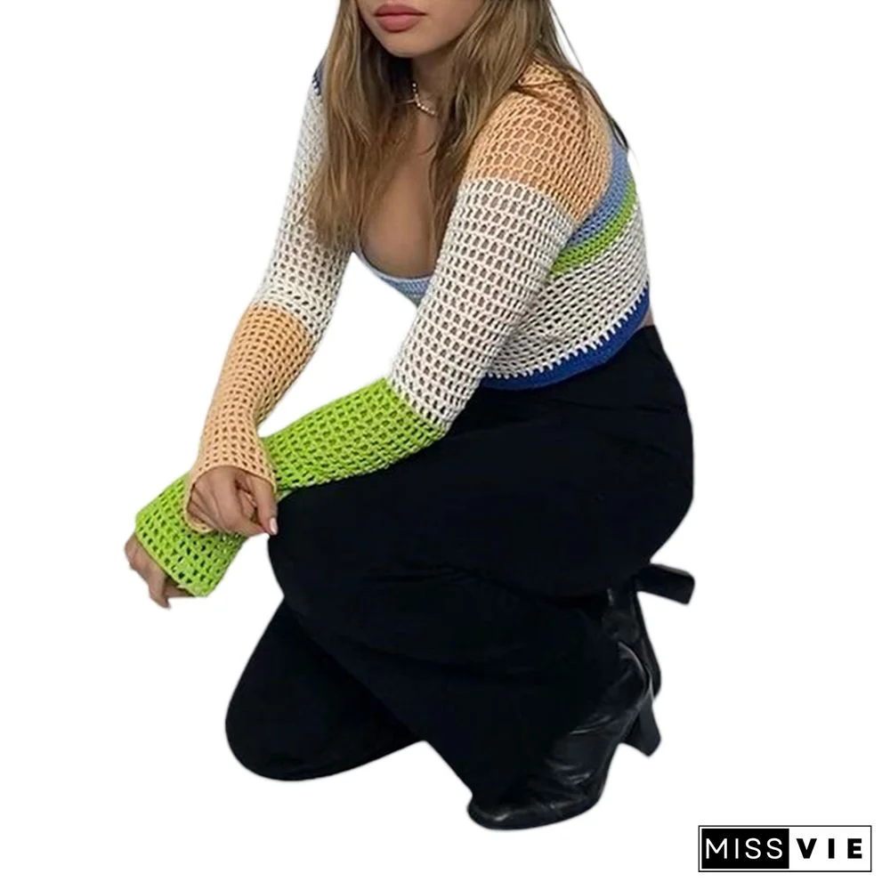 Women Striped Print Y2K Knitted Sweaters Autumn Loose Pullovers Streetwear Vintage Harajuku Cute Knitwear Retro Shirt