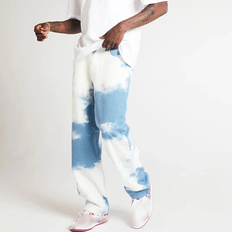 Men's Tie-Dye Comfort Mid-Waist Casual Straight Jeans at Hiphopee