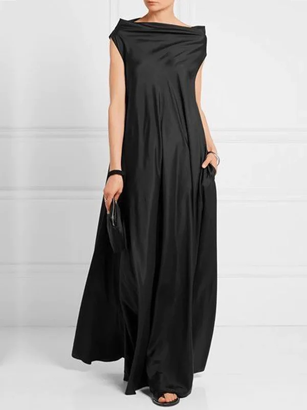Roomy Pleated Pure Color Boat Neck Maxi Dresses