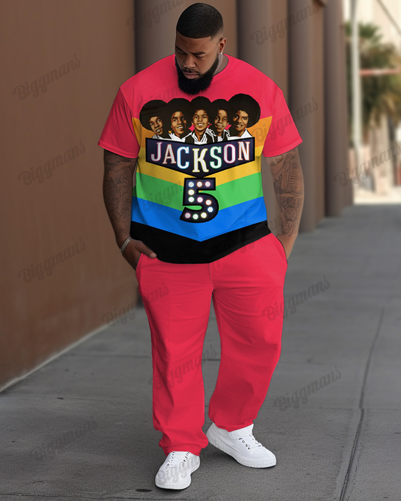 Men's Plus Size Jackson 5 Red Printed T-Shirt Trousers Suit