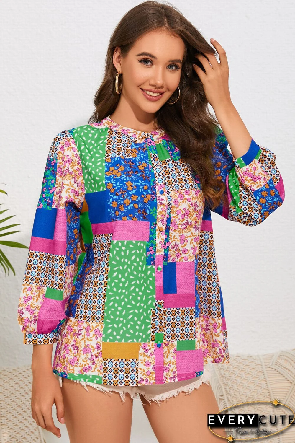 Multicolor Floral Patchwork Print Buttoned Puff Sleeve Shirt