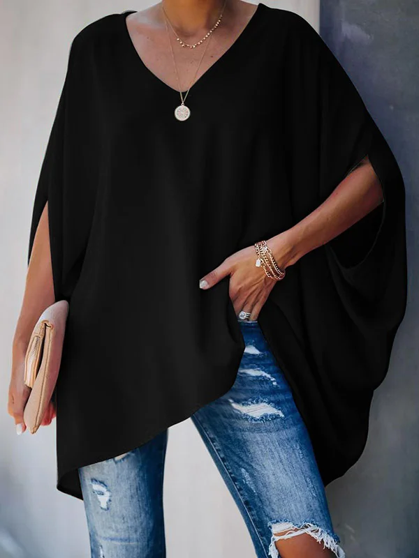 Solid Color Batwing Sleeves Plus Size V-neck Shirts Tops