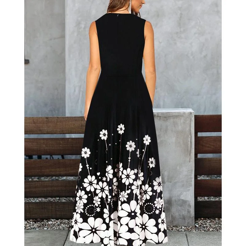 Printed sleeveless fashion round neck dress