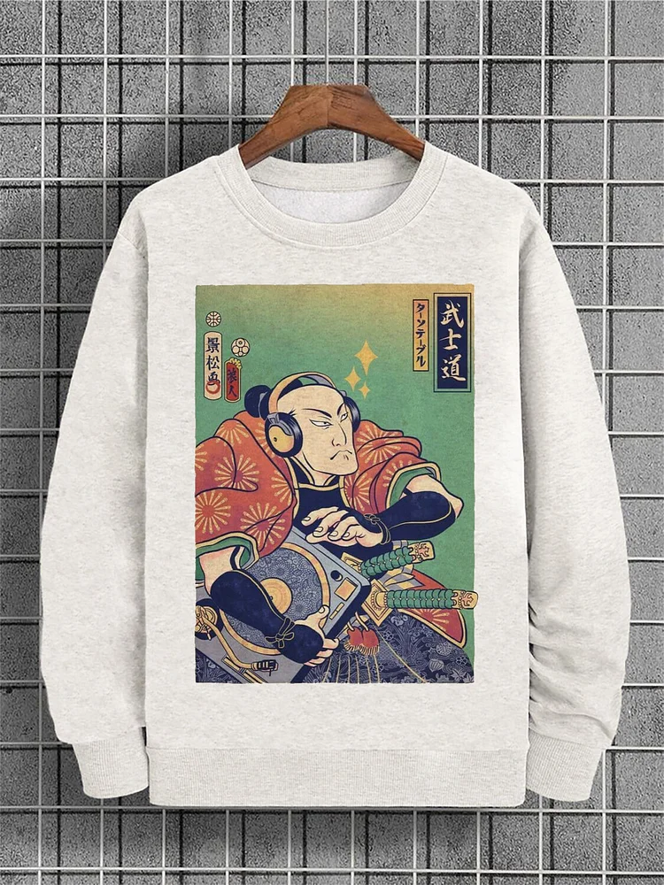 Men's Japanese Samurai With A Record Player Print Cotton Casual Sweatshirt