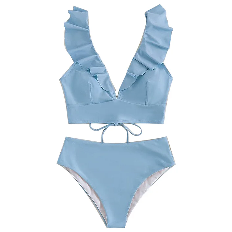Flaxmaker V Neck Ruffle Sleeve Solid Color Bikini Swimsuit