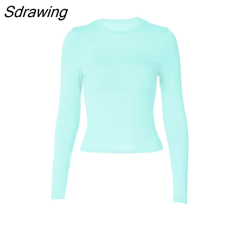 Sdrawing Women's Basic Long Sleeve Crop Top Solid Color Crew Neck Cozy Stretchy Slim Fitted Cropped T Shirts Pullover Streetwear