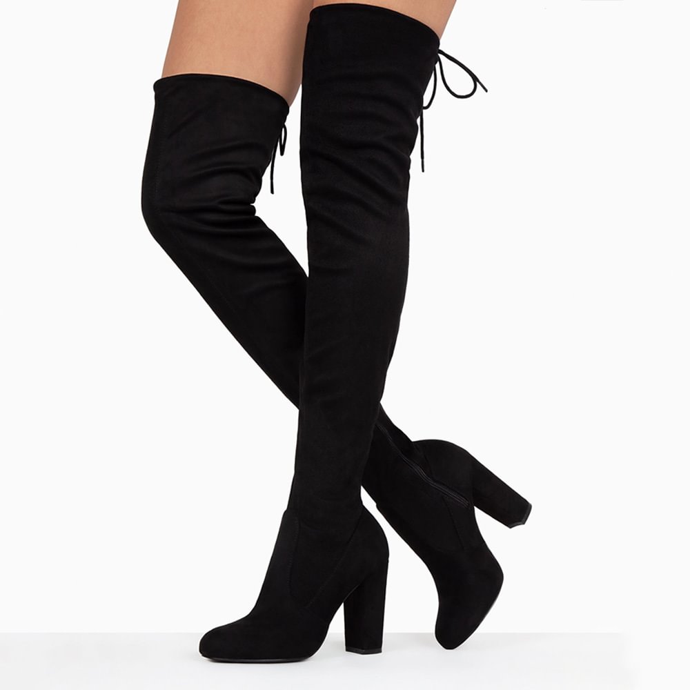 Leather Over Knee Boots Black Round Toe Chunky Heel Long Boots Nicepairs