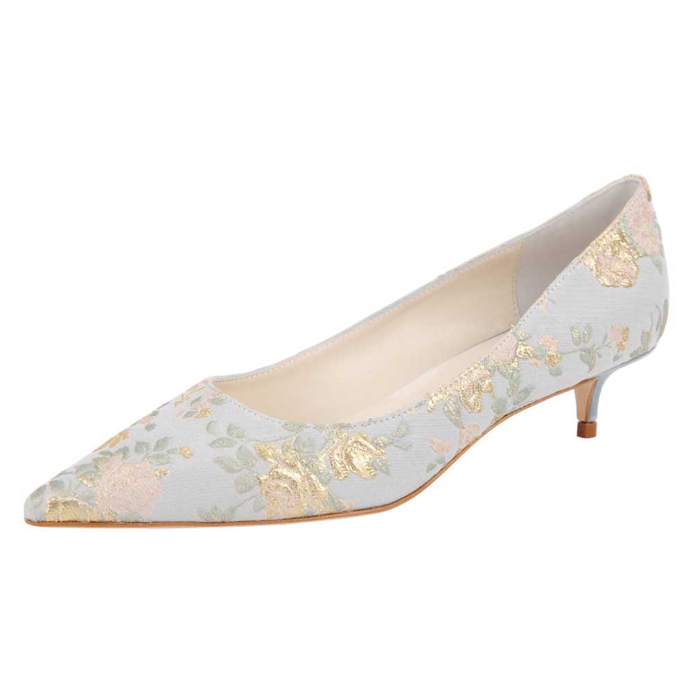 Light Blue Floral Pointed Toe Kitten Heel Slip-On Pumps for Women Nicepairs
