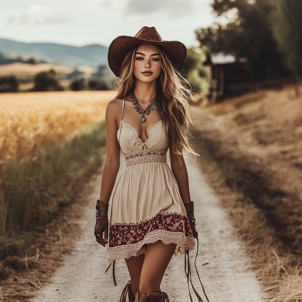 Retro Bohemian Western Style Wilderness Lace Suspender Floral Dress