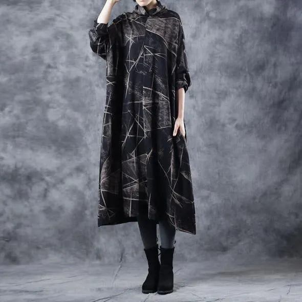 Vintage Black High Neck Cotton Base Baggy Dresses For Women