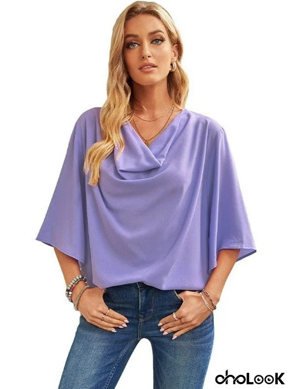 Solid V-Neck Flared Sleeve T-Shirt - Cape - Batwing - Scoop - Jewel - Closed