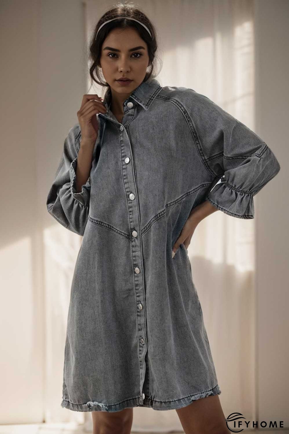 down loose short sleeve denim jean dress drop shoulder a line paneled peasant closed bateau v neck dress | IFYHOME