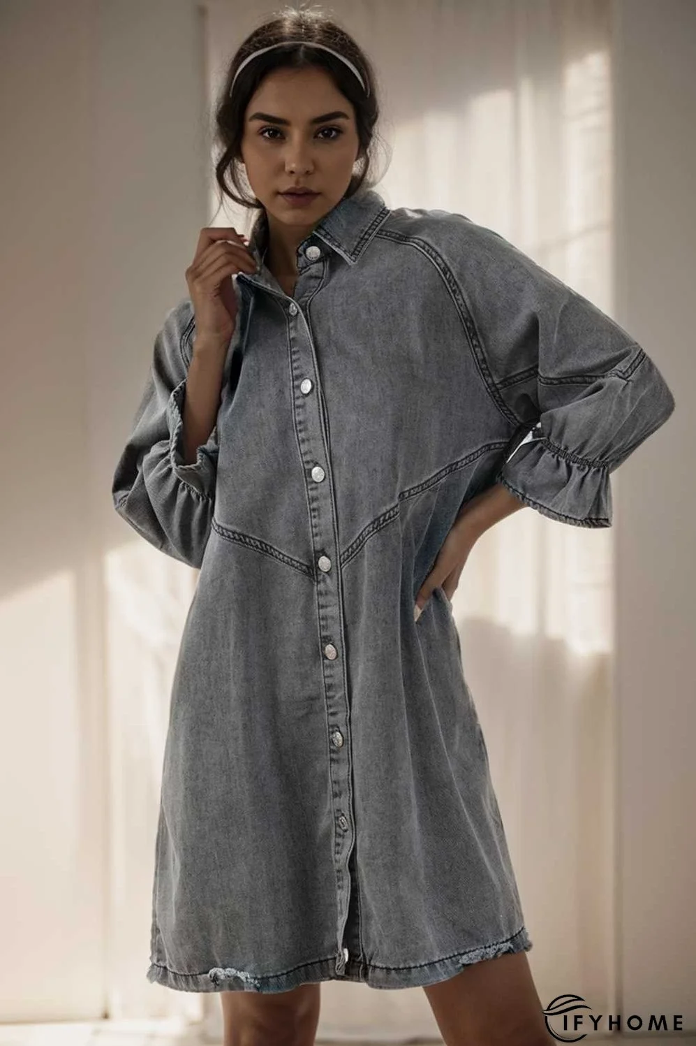 down loose short sleeve denim jean dress drop shoulder a line paneled peasant closed bateau v neck dress | IFYHOME