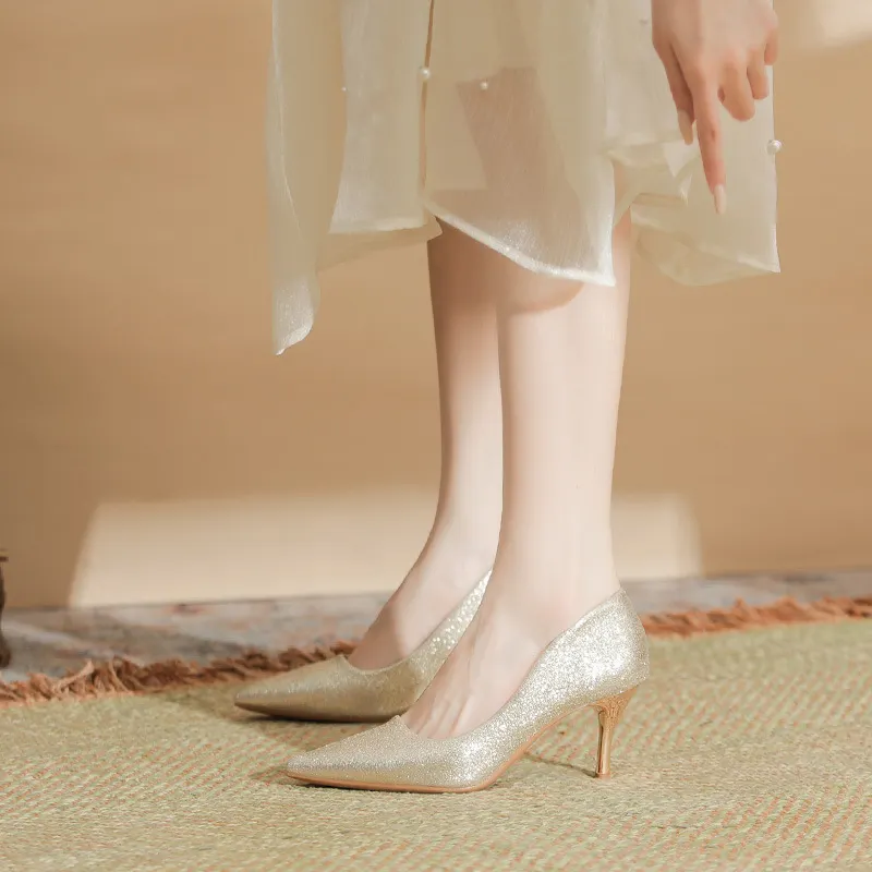 Uveng Uveng Wedding Shoes Women's Fine Heel 2025 New Pointed Bright-Heeled High-Heeled Shoes With Skirts Bridesmaids Banquet Single Shoes